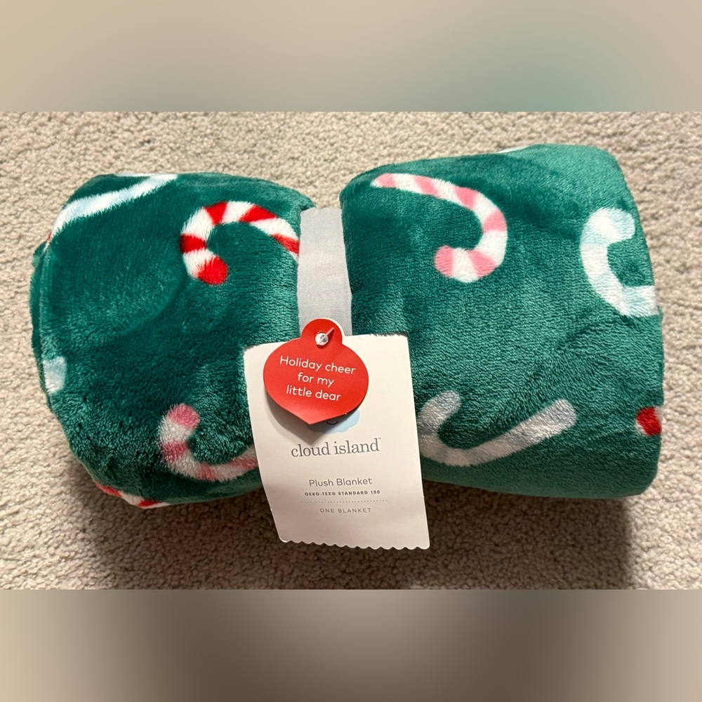 Cloud Island 30 x 40 Inch Green Plush Blanket with Candy Cane Design